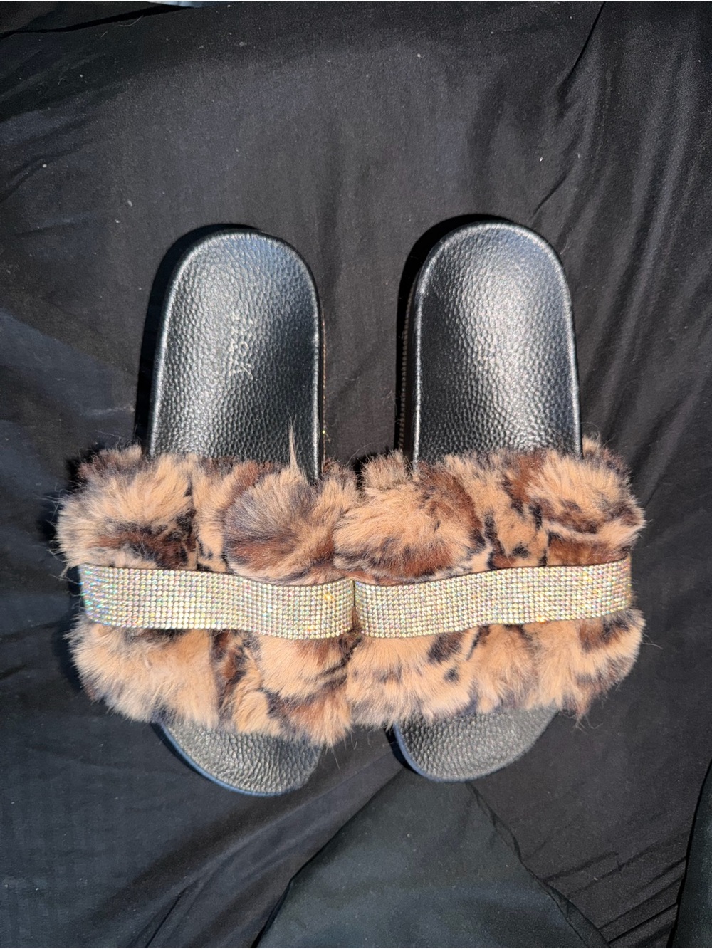 Faux Fur Leopard Slide Sandals with Rhinestone Strap - Brown